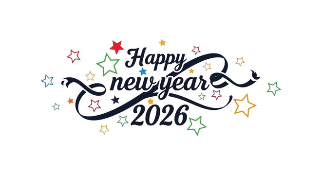 Festive new year celebration design featuring stars calligraphy and the year two thousand twenty six