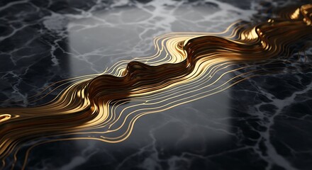 Abstract gold stream flowing across dark marble surface with light
