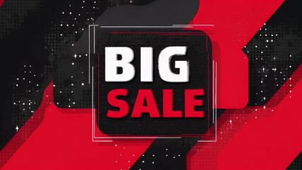 Bold promotional sign sits against a dark backdrop with red geometric bands and glowing accents now