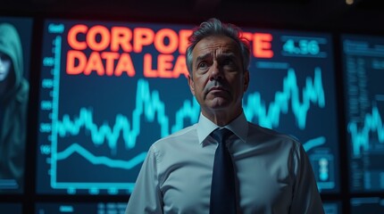 A serious middle-aged Caucasian businessman stands in front of a dark monitoring room, analyzing a corporate data breach scenario.