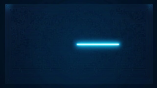 An abstract business timelapse of multiple decision paths forming a complex maze with one optimal route lighting up against a minimalist background, concept of strategic planning and problem solving