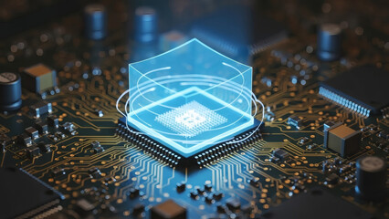 Glowing Blue Shield on Circuit Board.