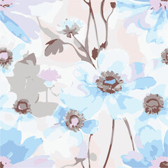 Big flower,Seamless watercolor floral pattern, flowers elements, green leaves branches on dark black background; for wrappers, wallpapers, postcards, greeting 