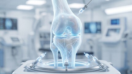A detailed, high-tech depiction of a knee joint in a modern medical setting, illustrating the intricate workings of the human body for medical research and education.