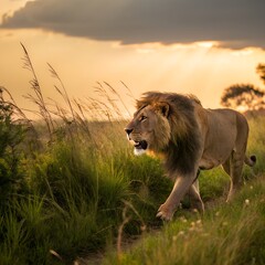 A powerful lion walking through jungle grasslands, golden-hour lighting, beautiful nature