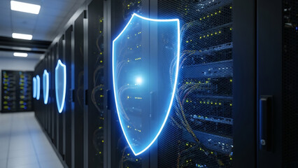 Glowing Blue Shield on Server Rack.