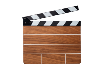 Wooden film clapperboard with striped clapper open position, isolated on a transparent background