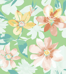 Big flower,Seamless watercolor floral pattern, flowers elements, green leaves branches on dark black background; for wrappers, wallpapers, postcards, greeting 