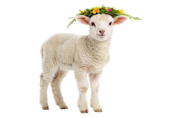 White lamb with flower crown on head standing, isolated on a transparent background