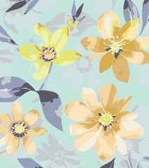 Big flower,Seamless watercolor floral pattern, flowers elements, green leaves branches on dark black background; for wrappers, wallpapers, postcards, greeting 