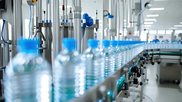Water bottling plant conveyor belt with blue cap bottles automated industry