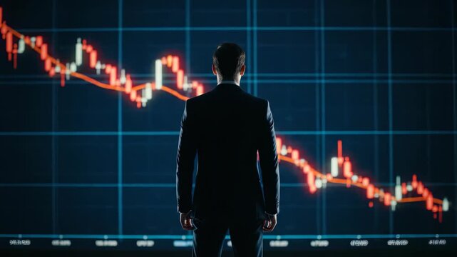 A finance executive watches a dramatic red decline stock market candlestick graph on a large screen, concept for economic recession, financial crisis analysis and investment strategy
