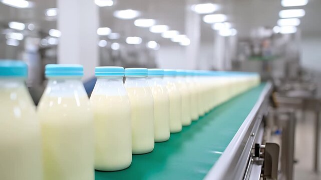 Yogurt or milk bottles on production line in dairy factory manufacturing process