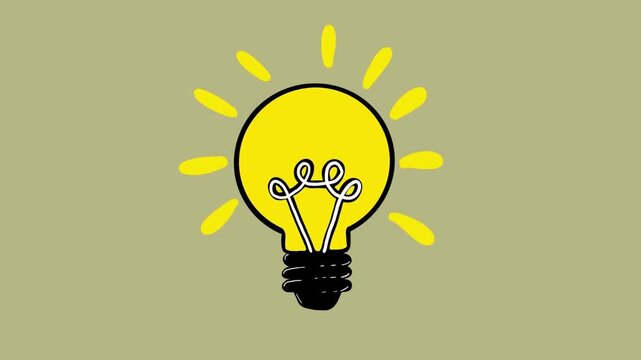 Bright yellow cartoon light bulb with a black base on an olive green backdrop radiating bright rays