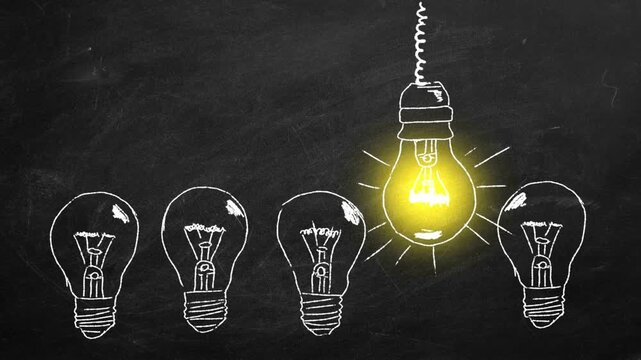 Chalkboard row of five bulbs, four unlit and one glowing yellow, suspended by a cord, with warm glow
