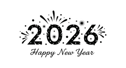 A festive black and white design showcasing the year 2026 with celebratory new year wishes