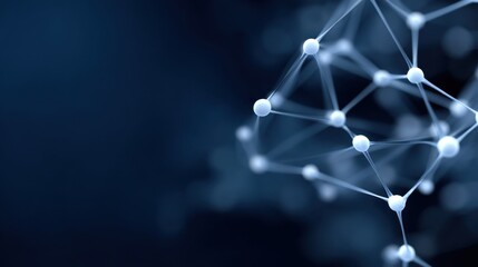 Abstract representation of molecular structure with white nodes connected by fine lines in a dark blue background for scientific and technological themes