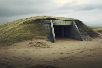 Concrete bunker entrance embedded in a sandy dune on an overcast day
