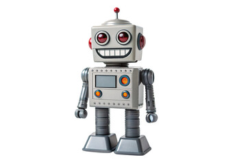 Fototapeta premium Vintage silver robot toy with red eyes smiling, isolated on a transparent background