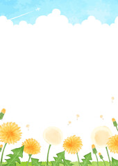 手描きのタンポポと青空の風景イラスト