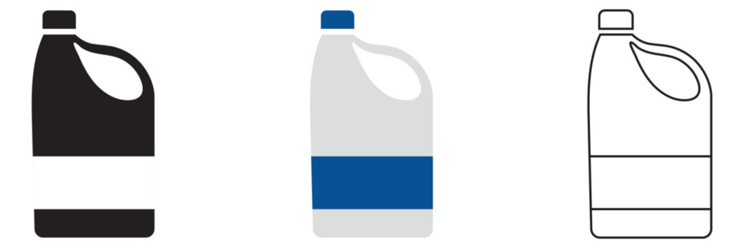Product chemical flat bleach bottle  icon. Black and colorful plastic spray bottle for household cleaning, hygiene, and disinfectant products isolated on white background.
