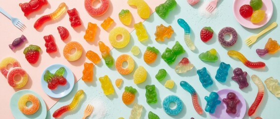 An eye-level shot captures a bright and vibrant array of candies in an assortment of shapes and colors. The candies are scattered artfully across the frame, each piece promising a burst of sweetness.