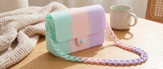 A pastel colored crossbody bag rests on a wooden table, beside a white cup. A delicate aesthetic, perfect for fashion and lifestyle themes. 