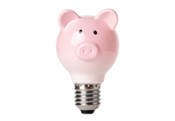 Pink piggy bank light bulb savings energy idea, isolated on a transparent background