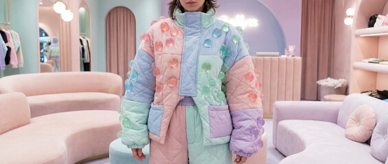 A fashionable woman in a pastel colorful coat poses in a fashion retail store.