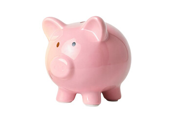 Obraz premium Pink ceramic piggy bank money savings standing angle, isolated on a transparent background