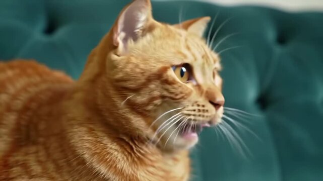 Focused ginger cat stares ahead against a buttoned turquoise couch