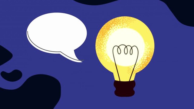 Blue abstract backdrop with dark shapes, a white speech bubble, and a glowing lightbulb halo. effect