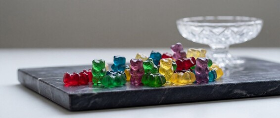 A vibrant collection of colorful gummy bears arranged on a sleek marble platter alongside a delicate crystal bowl. This captivating arrangement evokes a sense of playful indulgence and sugary delight.