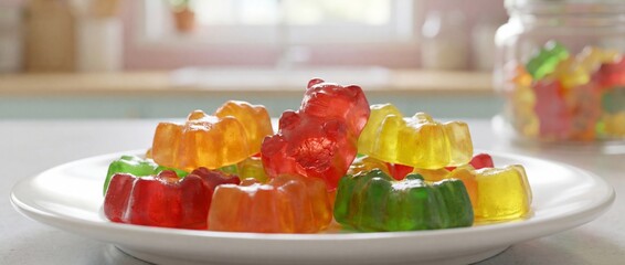 A close-up view presents a plate piled high with vibrant gummy bears. The colorful candies are arranged in a playful composition, offering a taste of sweetness.