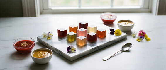 An elegant display of colorful, edible cube with floral embellishments is meticulously arranged on a stylish marble serving tray, with matching small bowls filled with sauce, captured in soft.