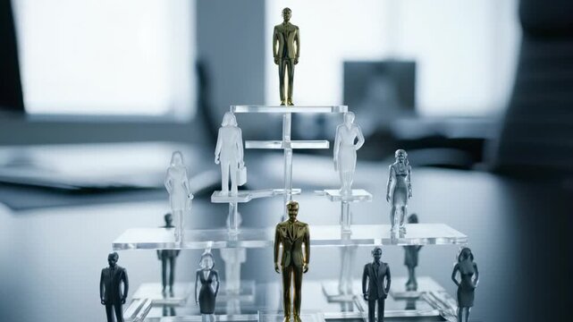 Tiered pyramid display of miniature golden CEO and manager figures demonstrating corporate organizational structure, concept for team leadership, human resources management and success metaphor