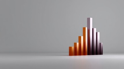 Abstract three-dimensional bar graph in gradient orange and purple colors showing growth against a soft grey background for financial concepts