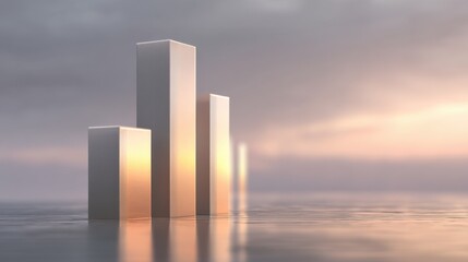 Abstract representation of financial growth with reflective bar graphs emerging from serene water against a soft sunset backdrop