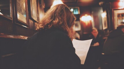 Woman Reading Paper in Cozy Dimly Lit Caf&Atilde;&copy; with Warm Lighting and Framed Artwork