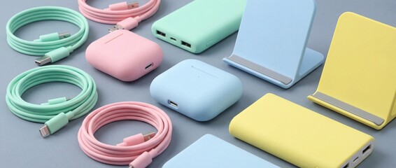A vibrant assortment of colorful chargers, power banks and wireless charging docks, creating a visually appealing and modern aesthetic.