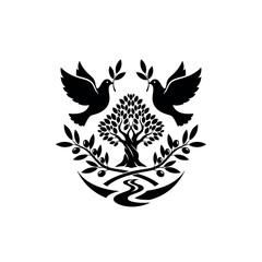 Two doves carrying olive branches with a tree and river below.