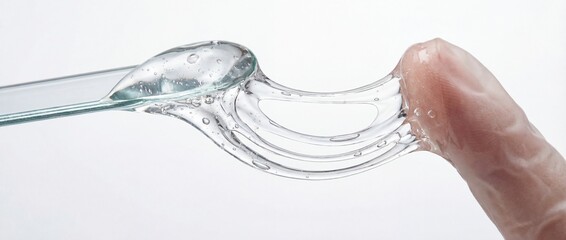 A close-up captures a translucent gel being held between a fingers and on a spoon. This image conveys a sense of science, laboratory, medicine and healthcare.