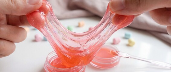 A person gently stretches a shimmering, transparent slime, showcasing its unique properties and engaging the viewer with its tactile, mesmerizing nature. 