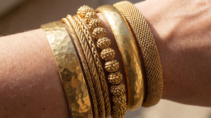 A showcase of various golden bracelets adorns a wrist, with textures and designs displayed, evoking elegance.