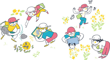 紅白帽をかぶり探検バッグを斜めがけした小学3年生くらいの子供たち、野外でタブレットのカメラを使い植物や昆虫を発見撮影する理科や生活科の校外学習、手書き風イラスト、ICT教育・生き生きタブレット学習シリーズ