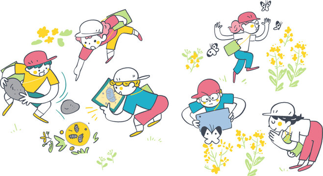 紅白帽をかぶり探検バッグを斜めがけした小学3年生くらいの子供たち、野外でタブレットのカメラを使い植物や昆虫を発見撮影する理科や生活科の校外学習、手書き風イラスト、ICT教育・生き生きタブレット学習シリーズ
