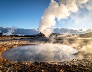 Fototapeta premium Scenic shot of geothermal activity with steam rising under a bright sky