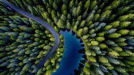 Aerial View of Road through Pine Tree Forest Alongside Dark Blue River