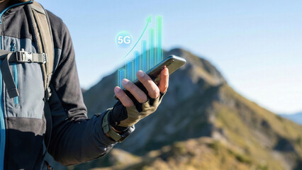 5G mobile network signal coverage mountain hiking outdoor technology smartphone Reliable 5G mobile network signal coverage mountain hike outdoor