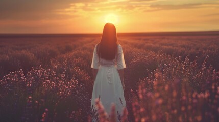 Woman Standing in Lavender Field During Sunset with Warm Lighting and Serene Atmosphere